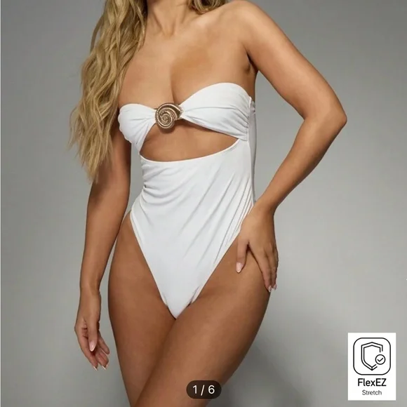 White Strapless Swimsuit with Gold Accent - Picture 1 of 10